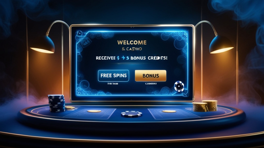 Nieuwe speler ziet gratis bonus en spins op een scherm in een casino