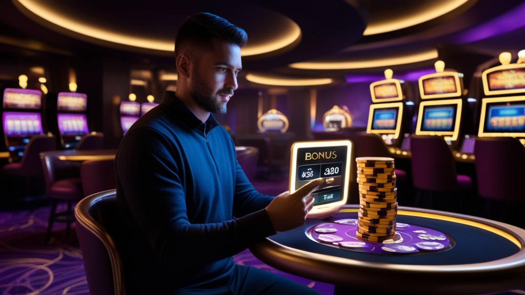 Speler vergelijkt bonusopties op een tablet in een donker casino